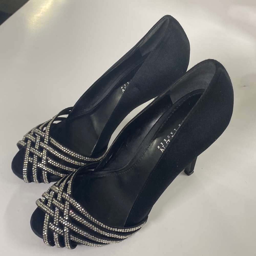 Ralph Lauren Black Satin Rhinestone Open Toe Heels Size 6 2-6